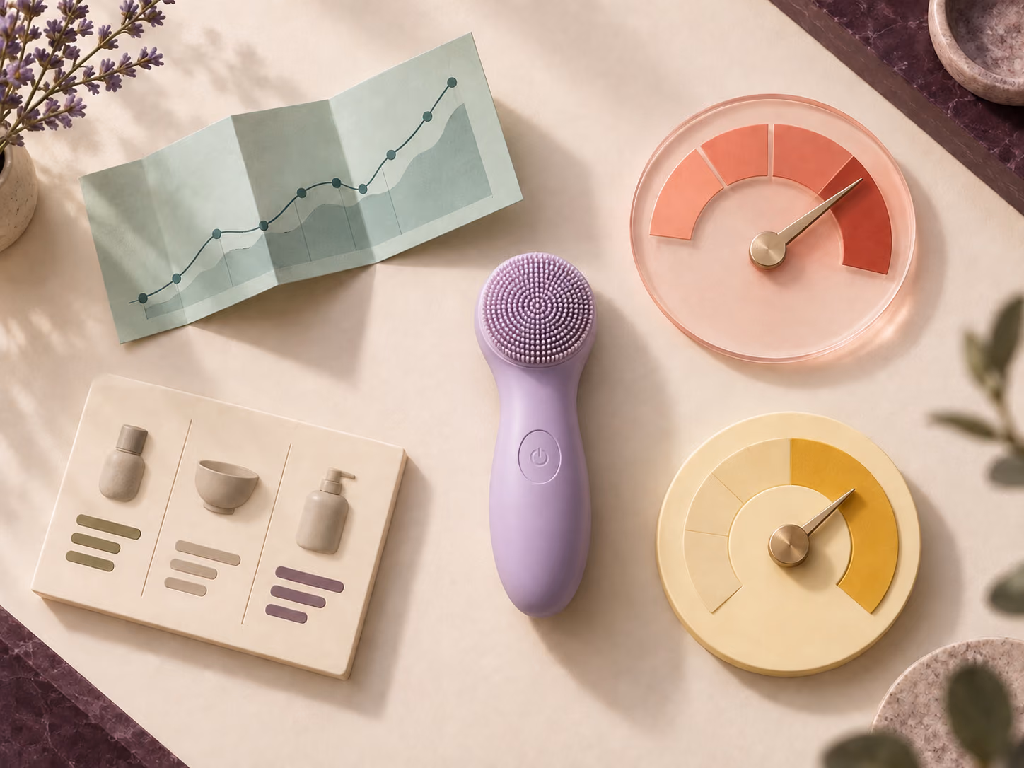 A product concept beside a trend chart and research gauges representing several signals to review