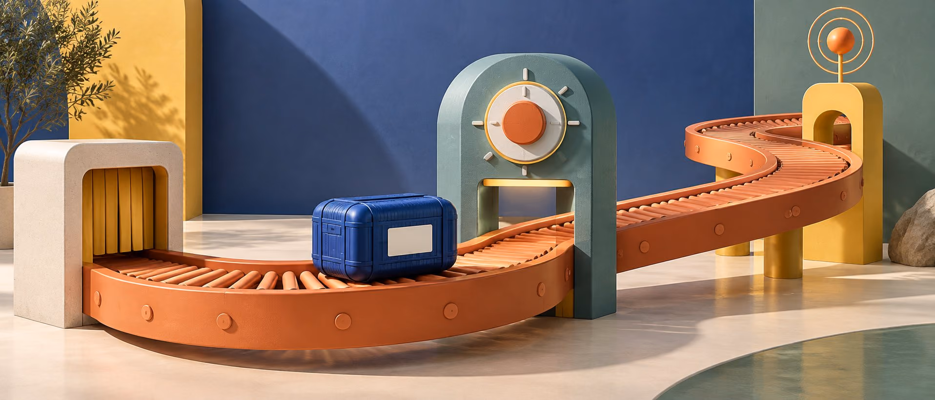 A cobalt shipping pod moving through a coral automated conveyor and rule-processing station
