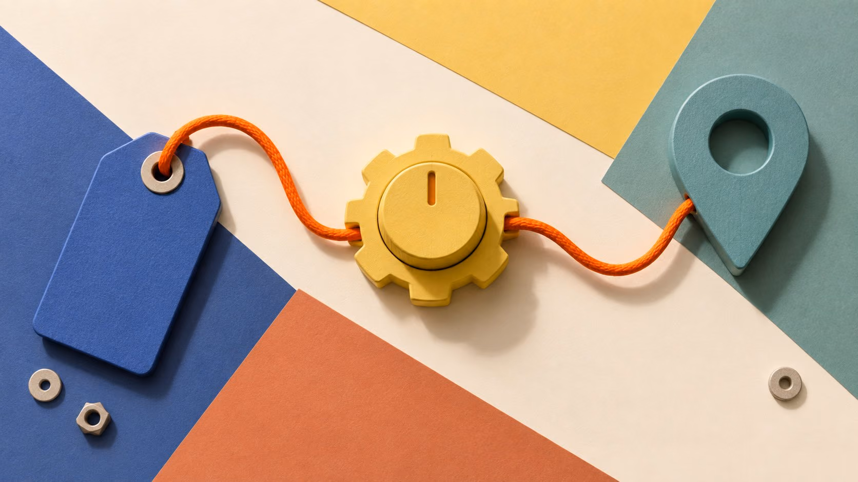 An orange cord connecting a product tag, automation dial, and route marker in three stages