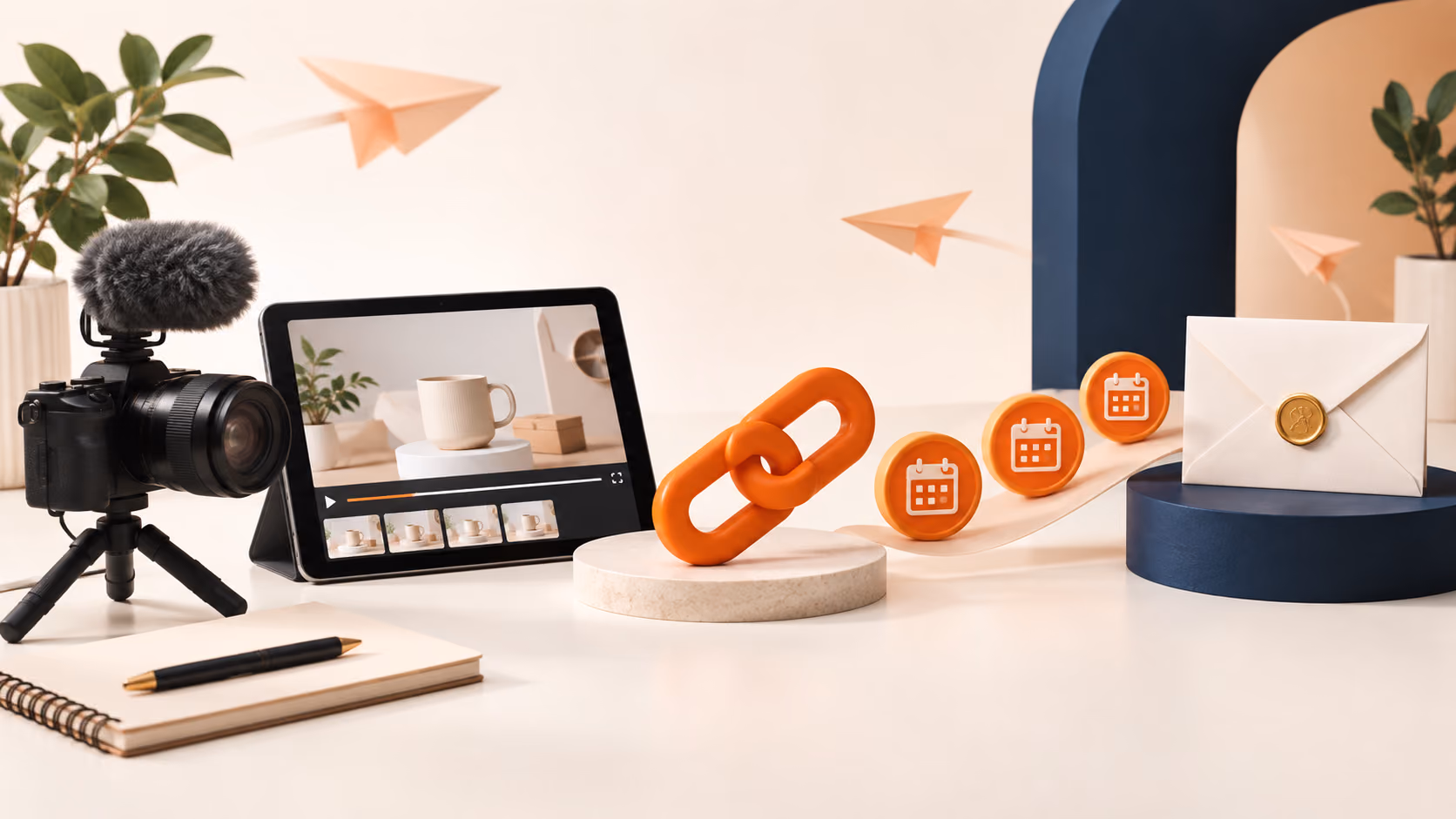 Creator camera and video workspace connected by an orange referral link to monthly subscription markers and an email envelope