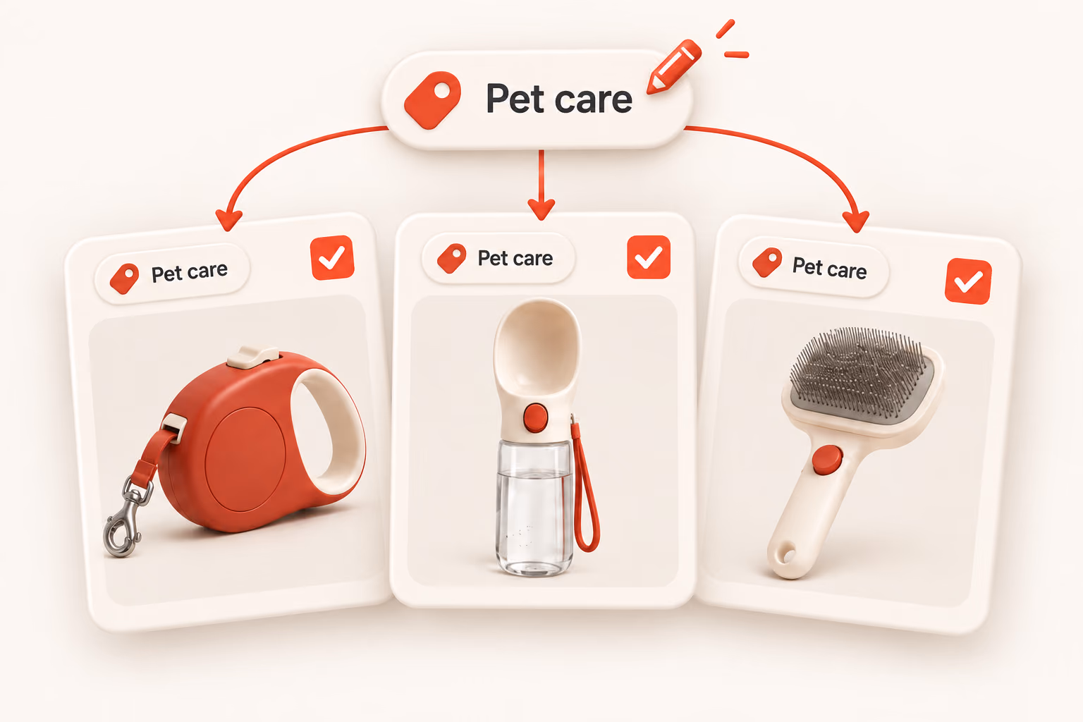 One shared Pet care tag applied to three selected pet product listings.