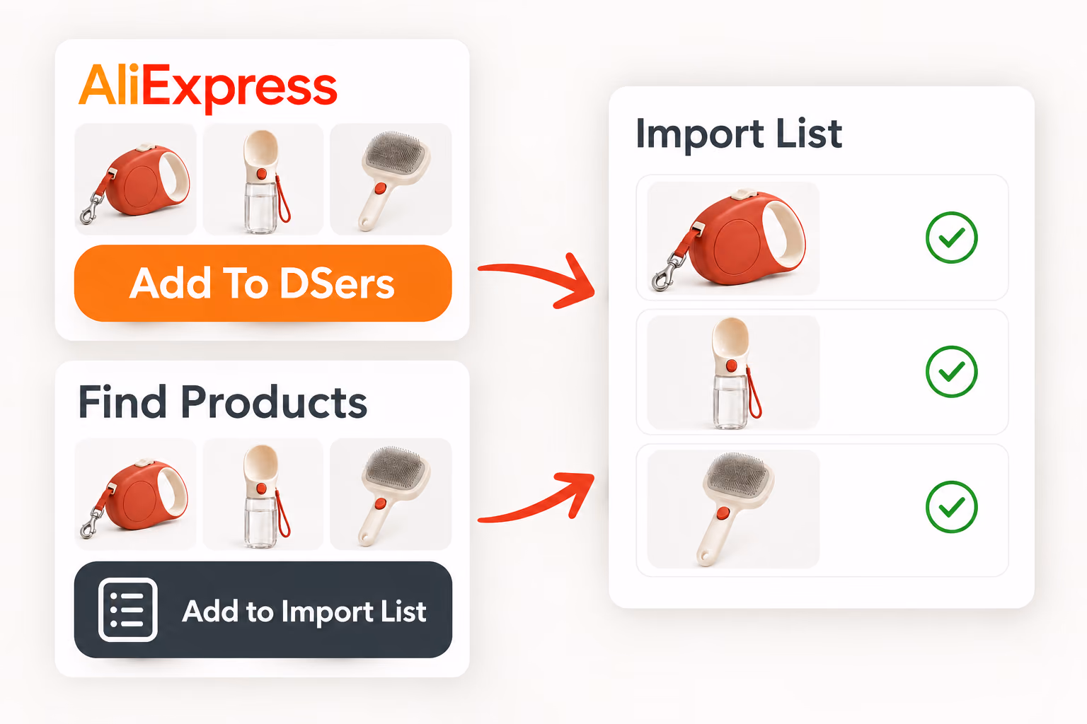 Add To DSers and Add to Import List controls bring selected pet products into the DSers Import List.