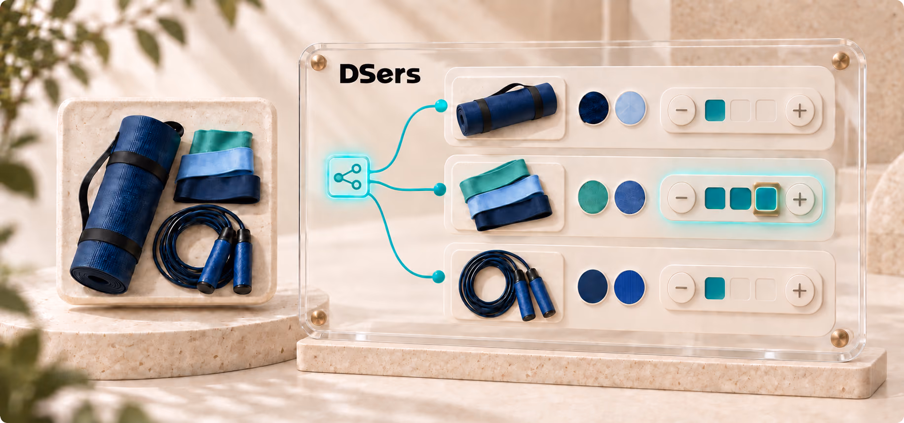 Fitness bundle configured in a DSers mapping panel with three supplier products, variant swatches, and quantity controls