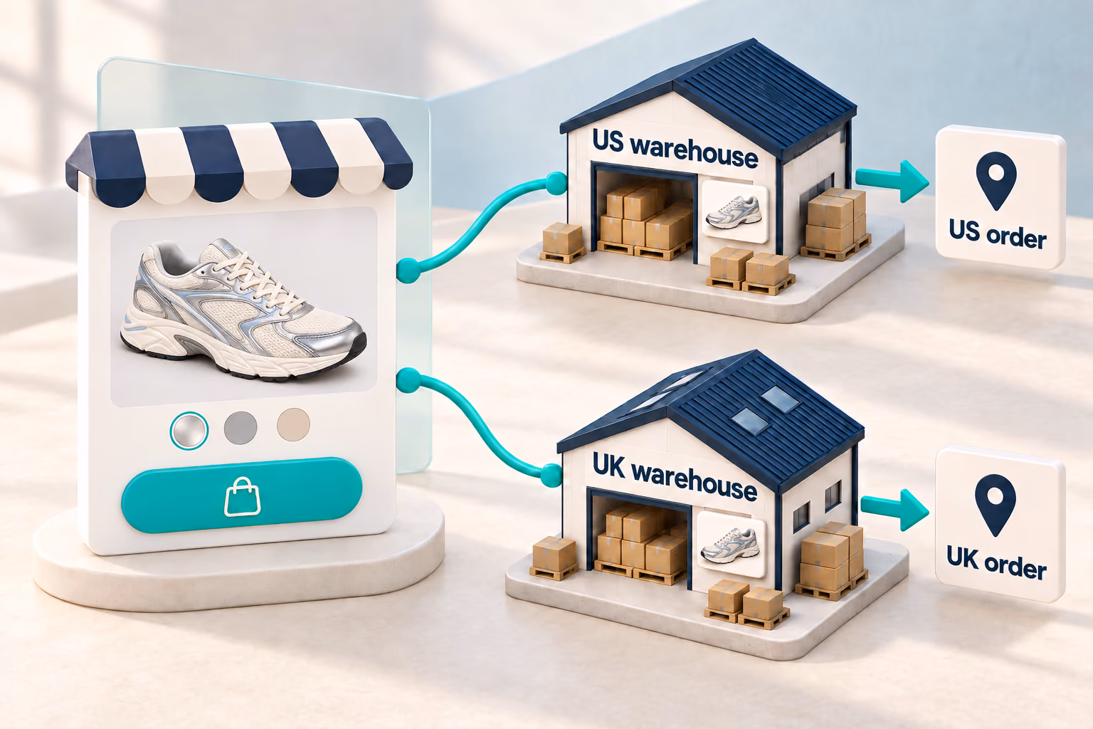 One store product mapped to suppliers with US and UK warehouses, each shipping orders for its corresponding market.