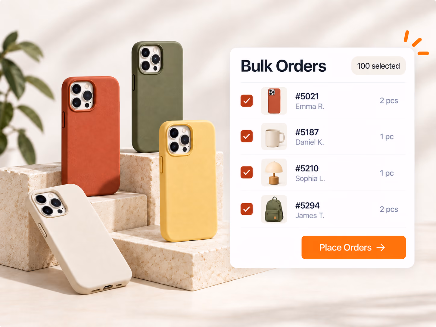 One hundred separate dropshipping orders selected for bulk processing, with small quantities and different products