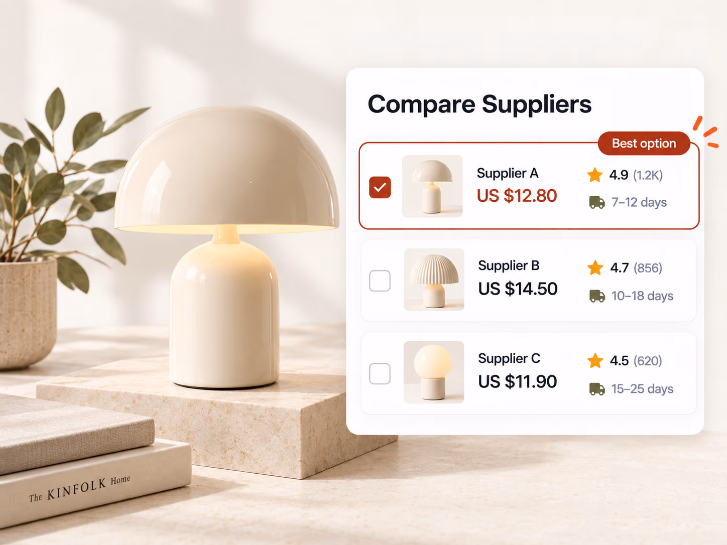 Supplier comparison cards showing a selected lower-cost product option