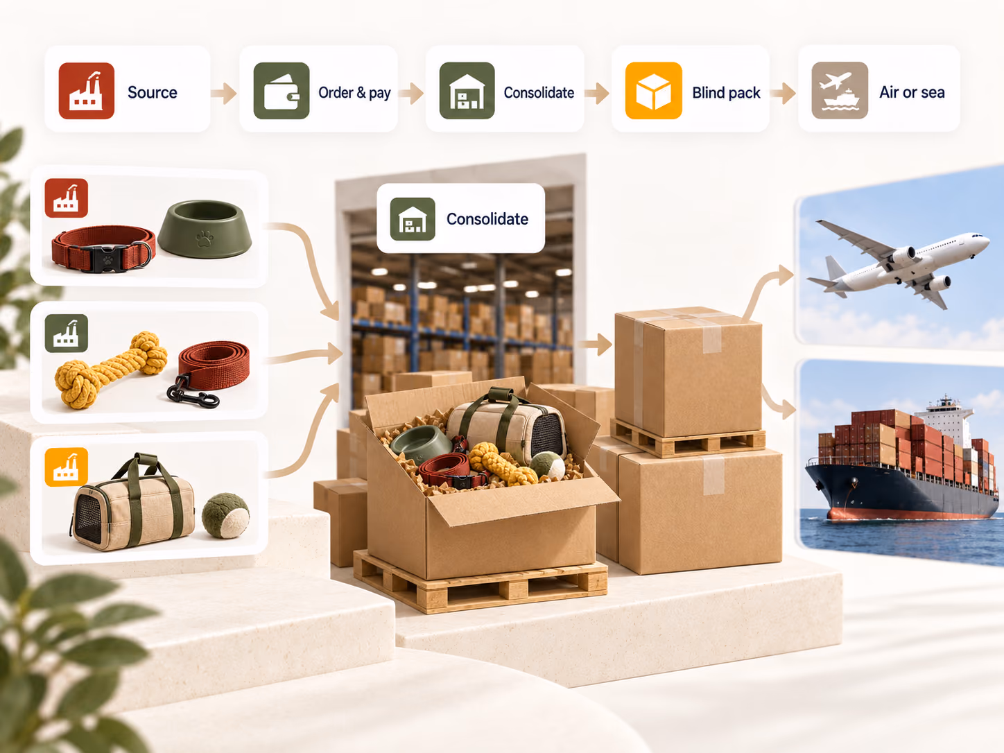 Products from multiple 1688 suppliers ordered, consolidated, blind packed, and shipped together by air or sea