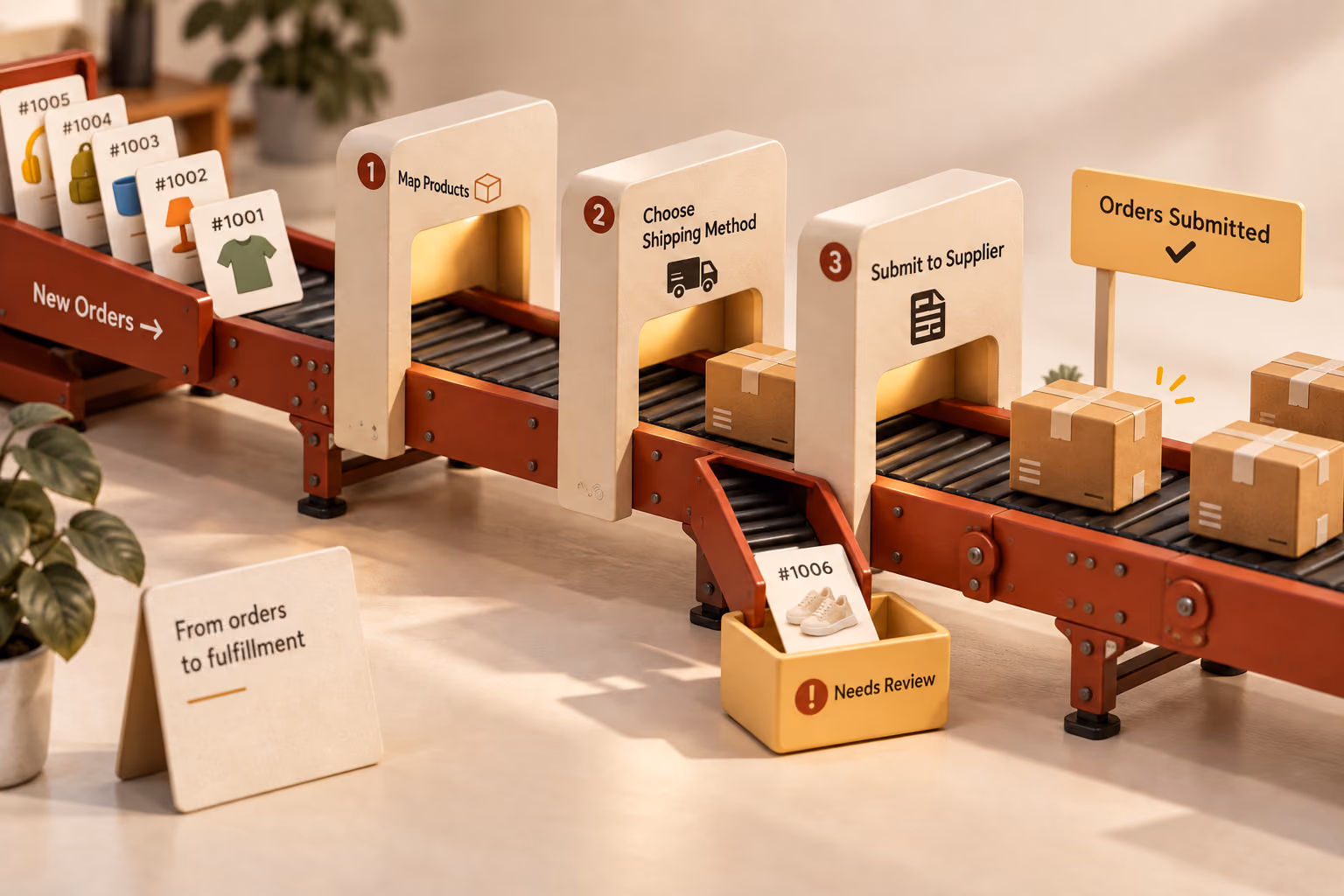 Six different orders moving through mapping, shipping, supplier submission, and a separate exception review