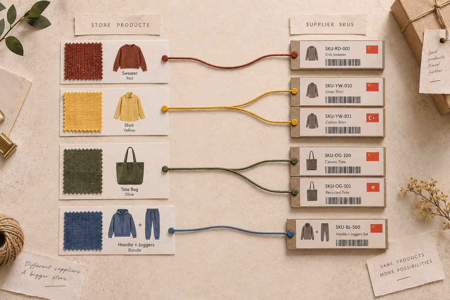 Store product variants connected to matching supplier SKUs, bundles, and country options