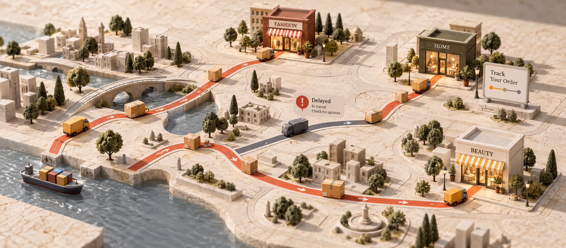 Parcel routes connecting multiple storefronts with one delayed shipment highlighted