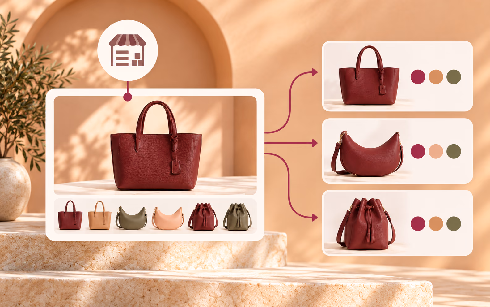 One supplier handbag product with color and style variants divided into separate tote, crossbody, and bucket products