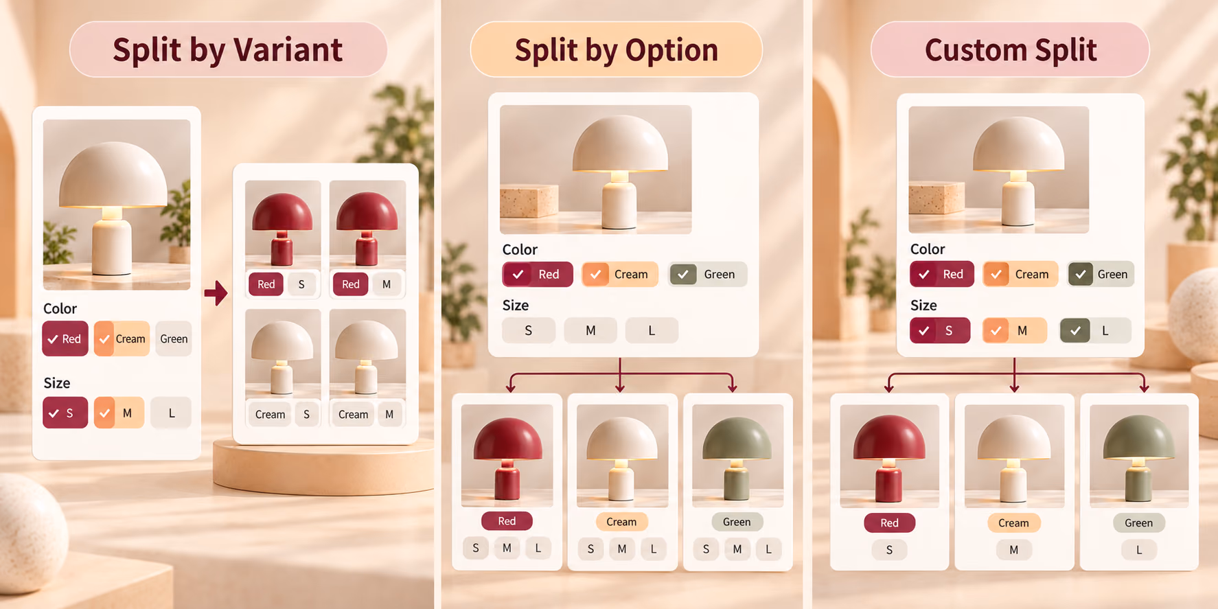 Three conceptual panels comparing Split by Variant, Split by Option, and Custom Split outputs