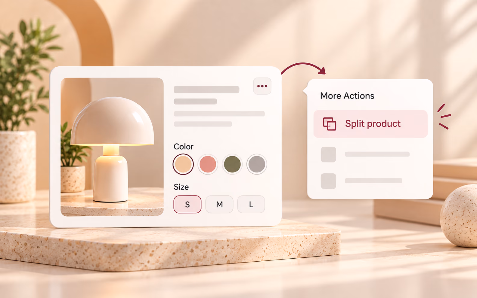 Conceptual product card with More Actions and Split product highlighted