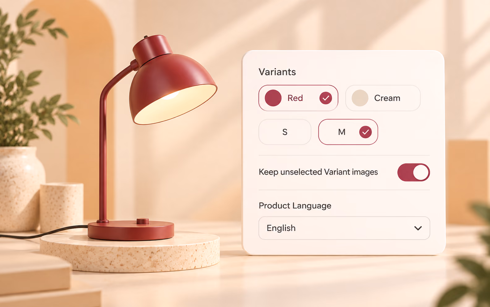 Conceptual split configuration with variants, image setting, and product language