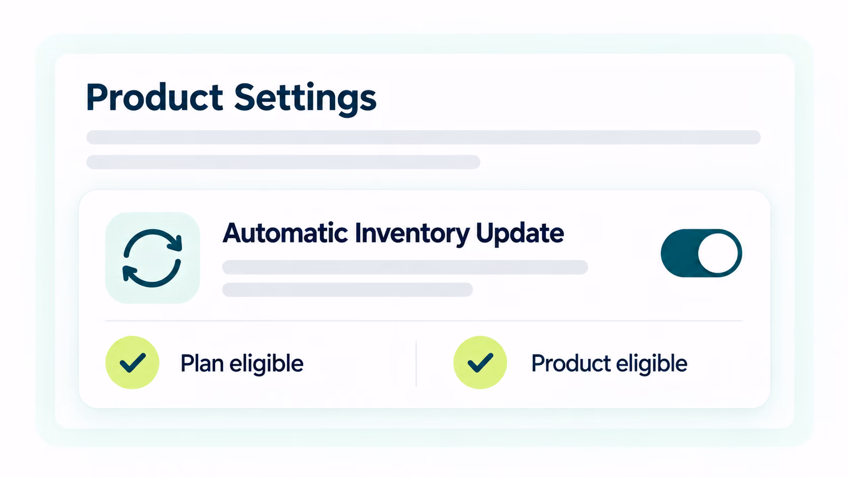 Enlarged Product Settings panel showing Automatic Inventory Update with eligible plan and product checks