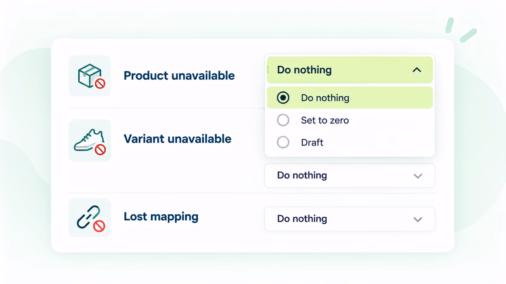 Inventory response settings for unavailable products, unavailable variants, and lost mappings with Do nothing as the default