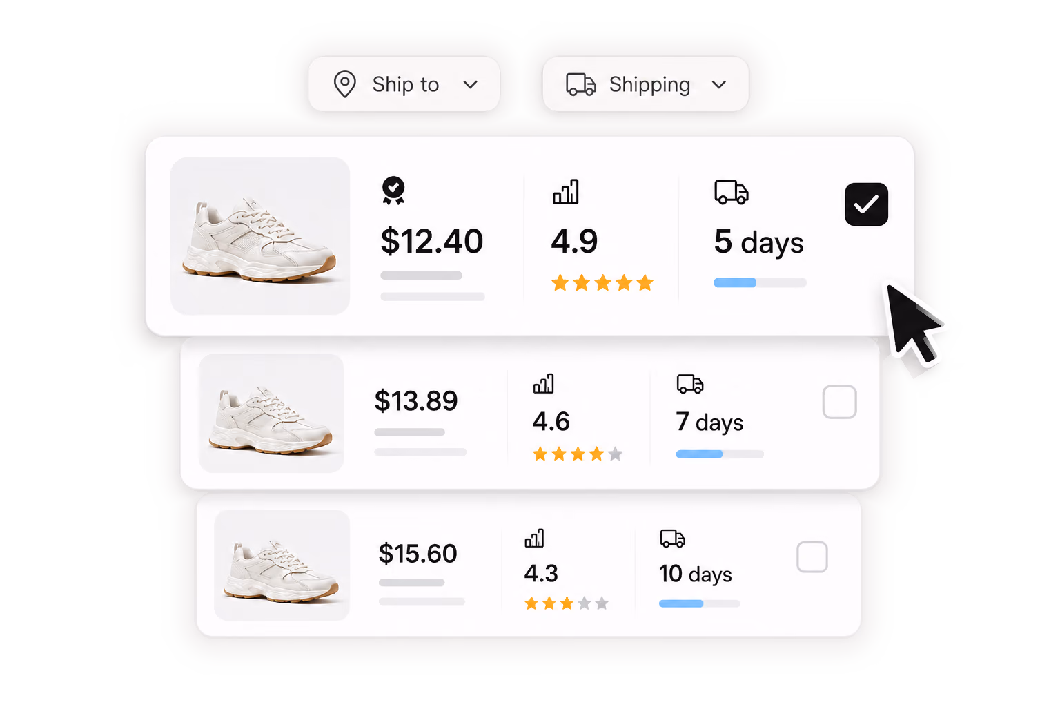 Supplier offers compared by price, rating and delivery time