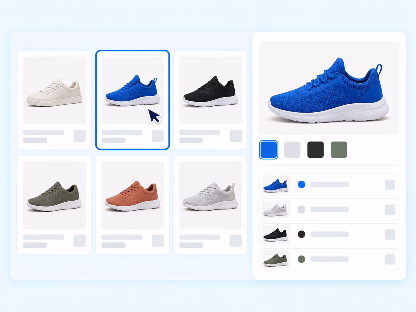 Selecting and opening a blue multi-variant sneaker product