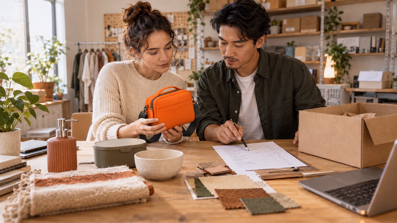 Ecommerce sellers evaluating the materials and supplier options for a bright orange crossbody bag