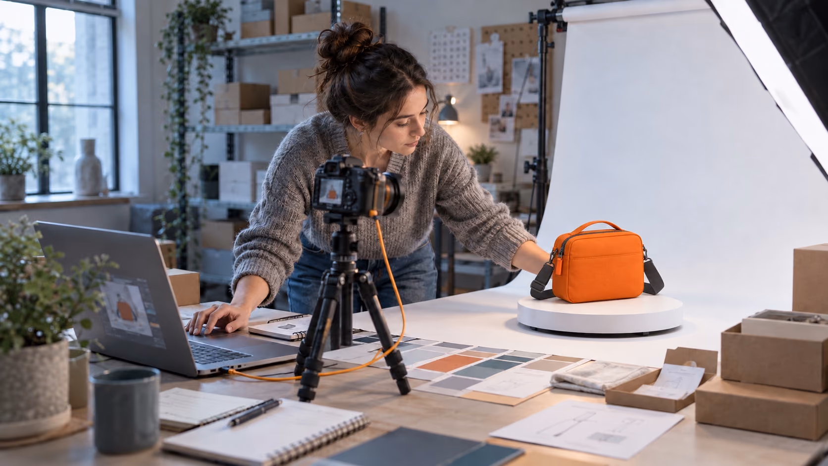 Ecommerce seller photographing the same orange crossbody bag for a store-ready product listing