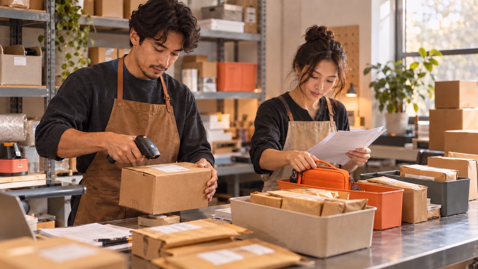 Operations team scanning an order and sorting the orange crossbody bag for batch processing