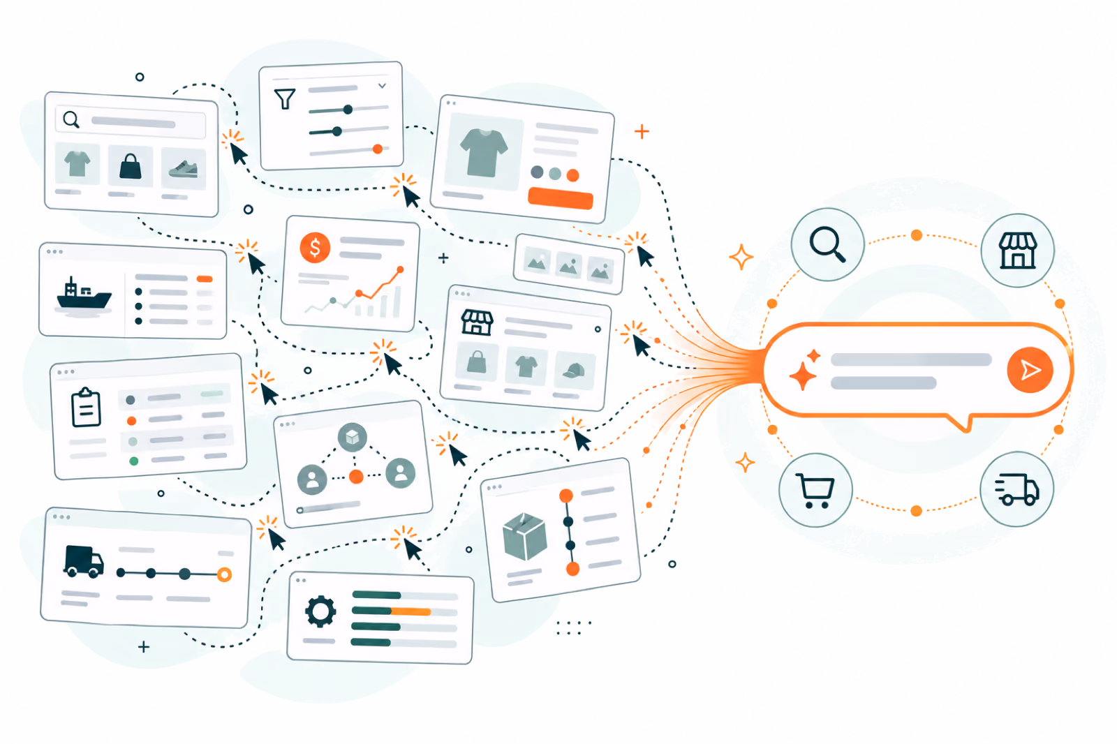 Supplier, catalog, order, and tracking workflow fragments converge into one AI request through DSers MCP.