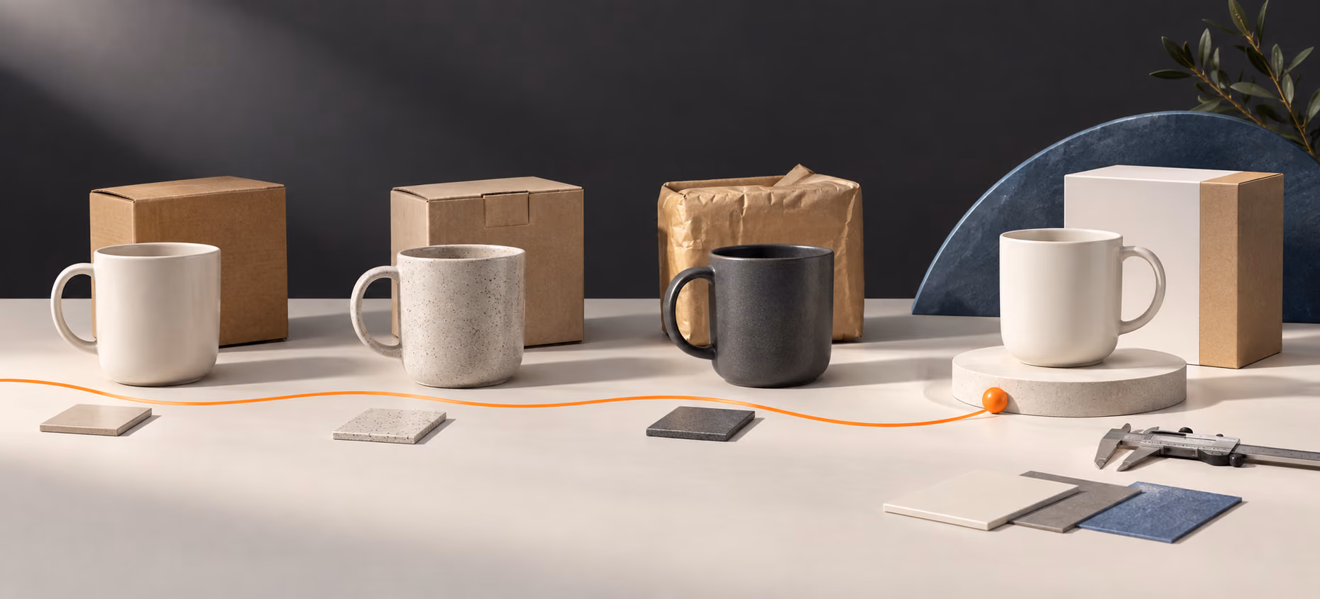 Ceramic product samples and packaging arranged for supplier comparison