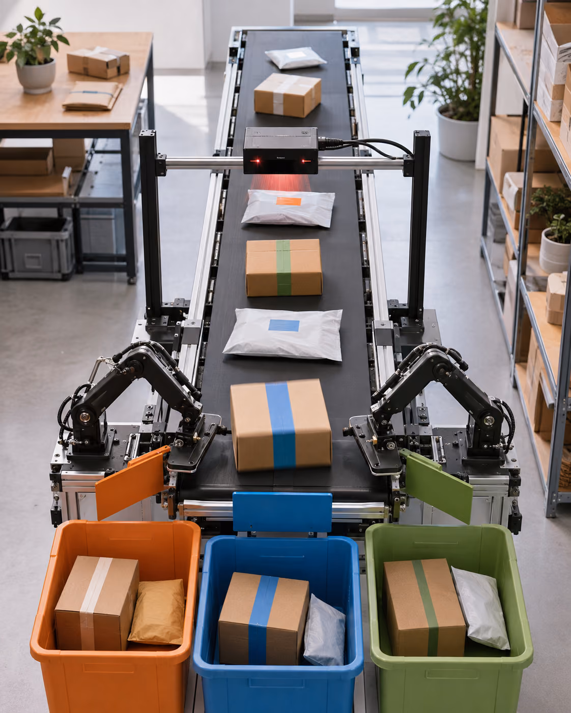 An automated fulfillment line scans incoming parcels and sorts them into three color-coded destination totes.