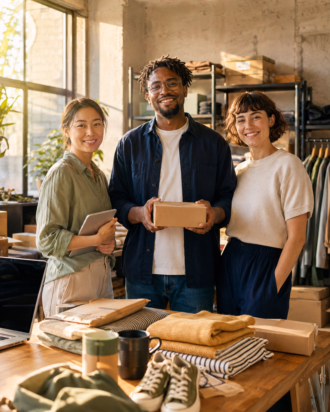 Three ecommerce partners stand together in a warm, organized fulfillment studio.