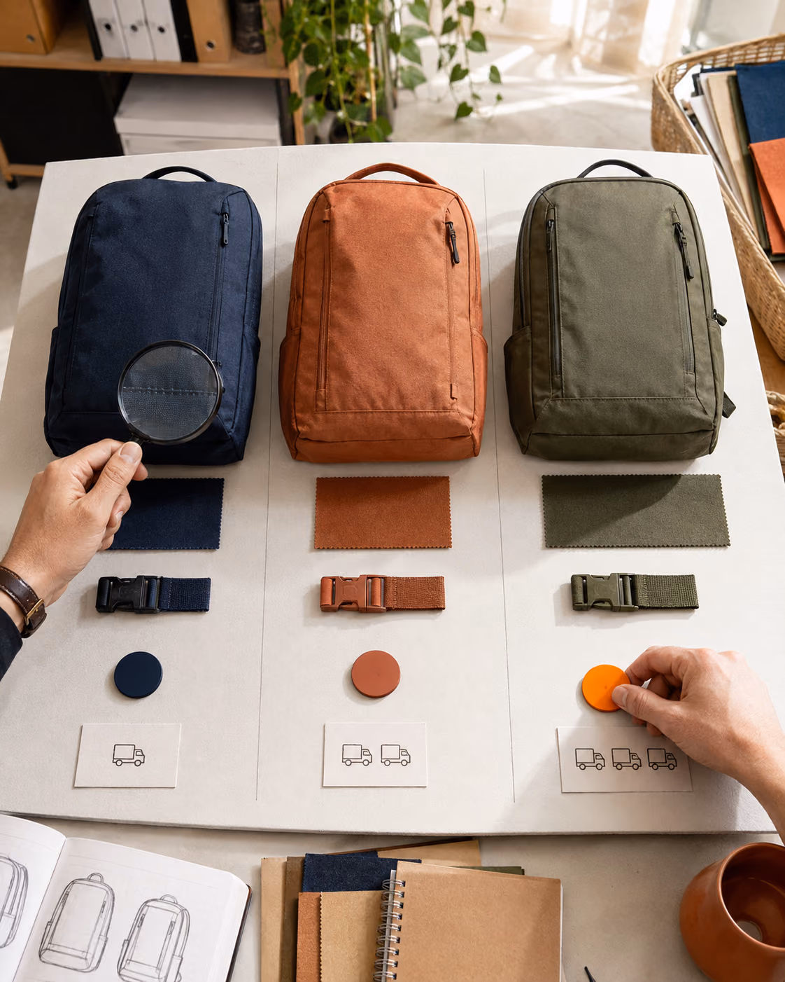 A merchant compares three supplier versions of the same backpack by material, hardware, and delivery option.