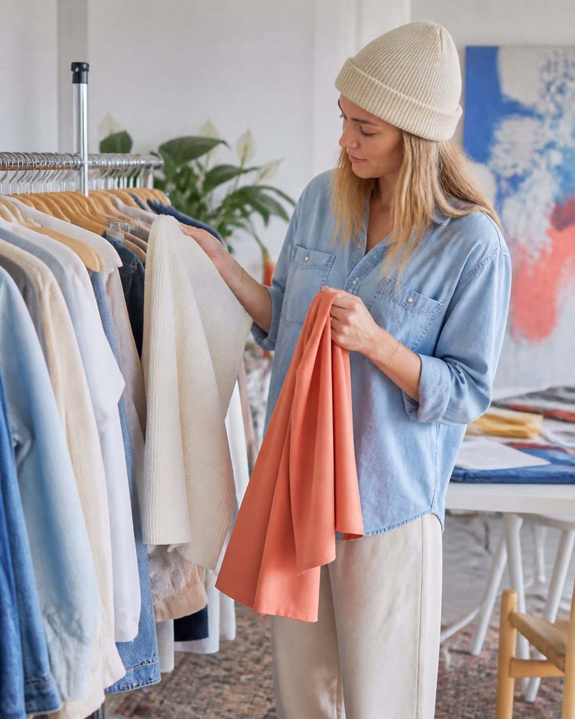 A fashion merchant compares two fabric samples beside a curated garment rack.