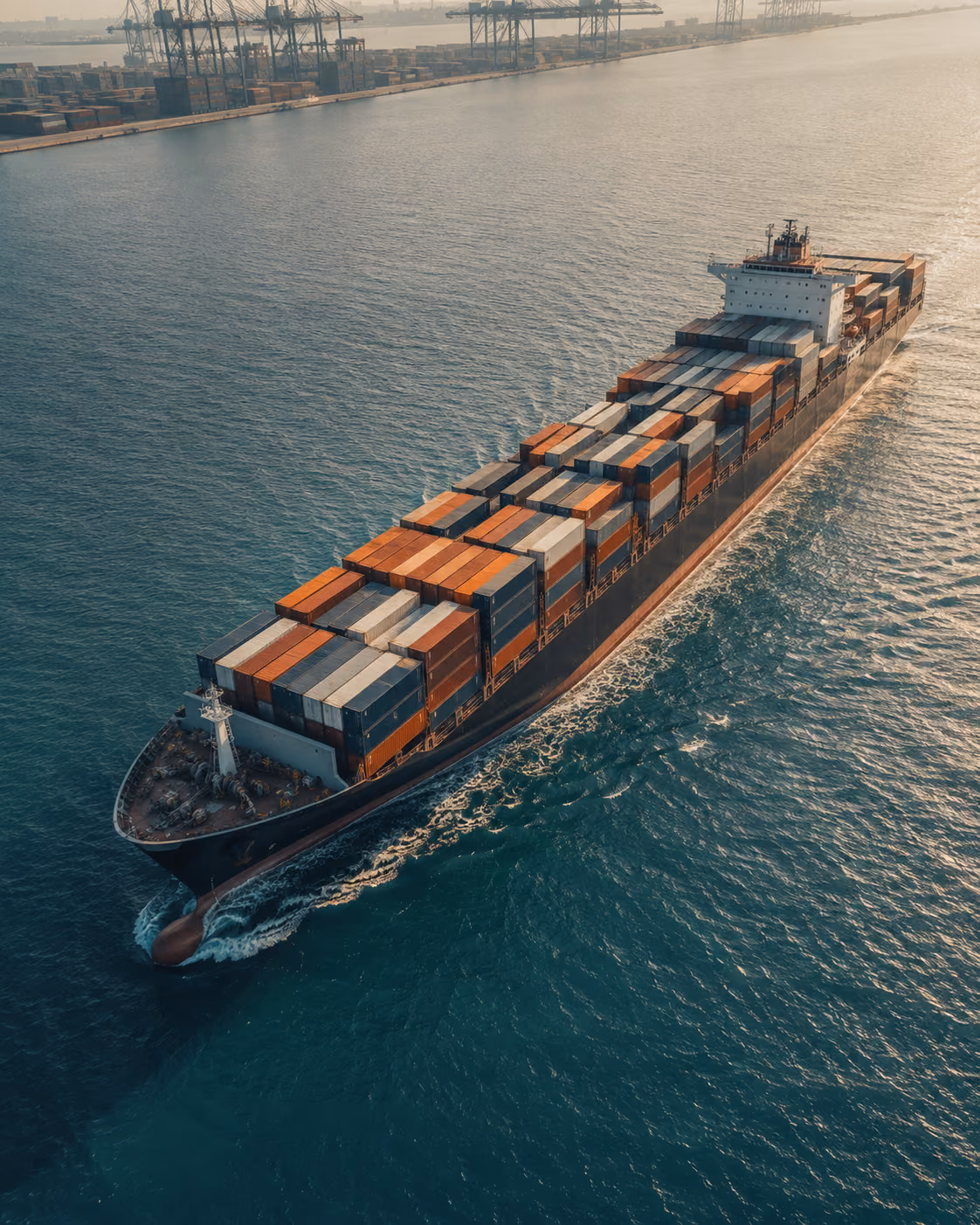 A container ship carries ecommerce goods from a coastal port.