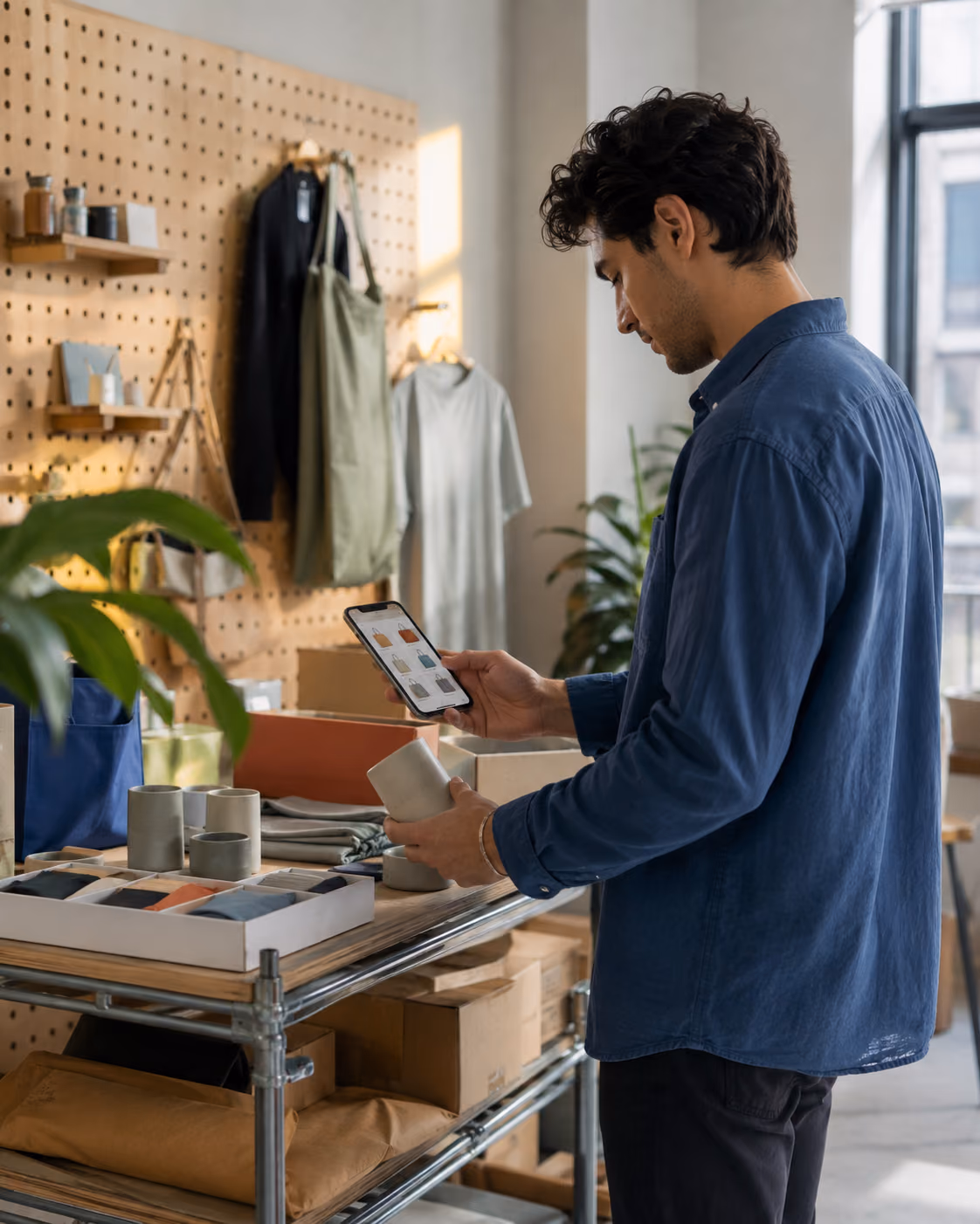 A merchant compares a physical product sample with a catalog on a phone.
