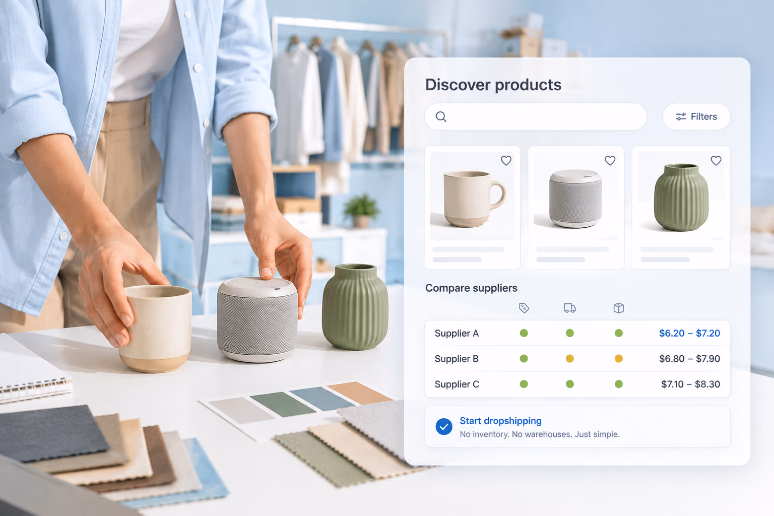 A merchant compares product samples beside a conceptual product discovery and supplier comparison workspace.