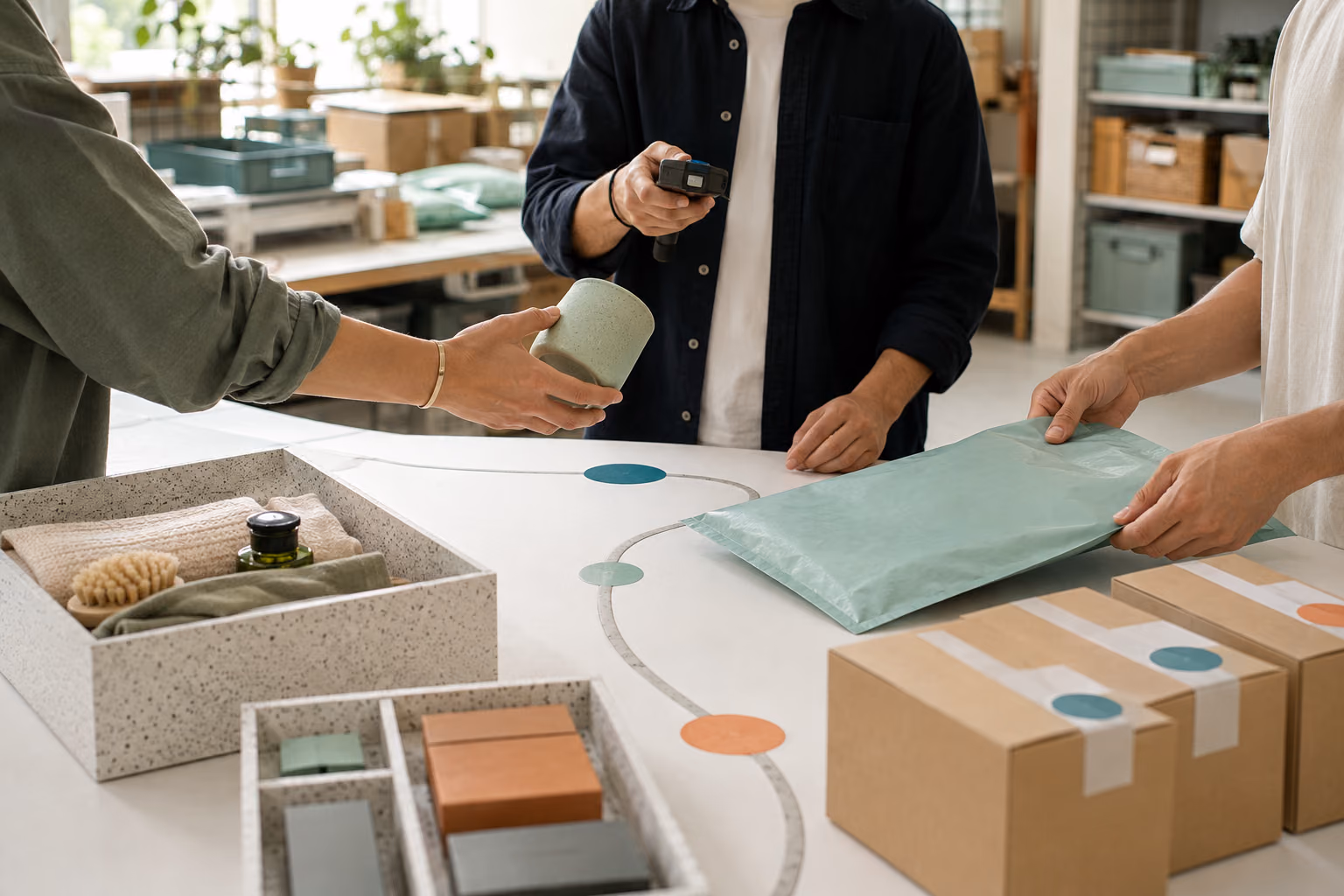 Three ecommerce partners coordinate product sourcing, scanning, packing, and dispatch around a shared fulfillment table.